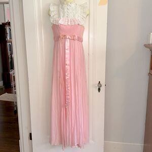 Vintage 60s/70s High Neck White Lace Pink Chiffon Pleated Prom Dress